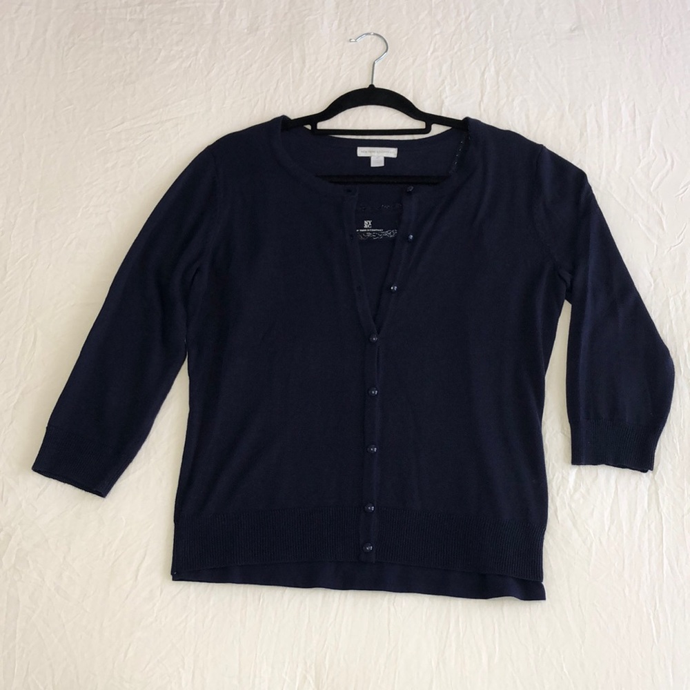 EUC light weight 3/4 sleeve navy cardigan with matching camisole top